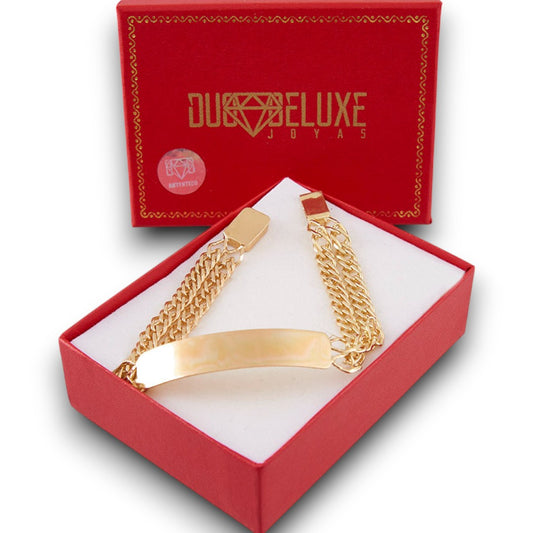 Unisex | Esclava Tejido Cubana Doble Rombo Doble Eslabon 11 mm, Pulsera Para Hombre Y Mujer, De Plata Autentica Ley .925 Con Baño De Oro Italiano 24k, Con Grabado, DUO DELUXE JOYAS