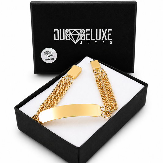 Unisex | Esclava Tejido Cubana Doble Rombo Doble Eslabon 11 mm, Pulsera Para Hombre Y Mujer, De Plata Autentica Ley .925 Con Baño De Oro Italiano 24k, Con Grabado, DUO DELUXE JOYAS