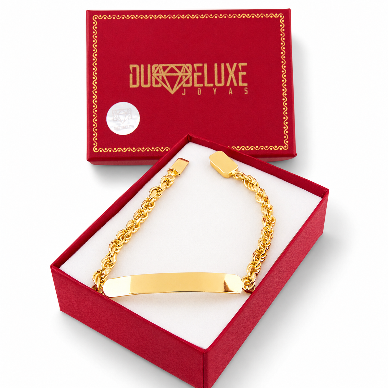 Unisex | Esclava Tejido Torzal Relleno 4 mm, Pulsera Para Hombre Y Mujer, De Plata Autentica Ley .925 Con Baño De Oro Italiano 24k, Con Grabado, DUO DELUXE JOYAS
