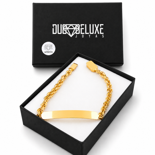 Unisex | Esclava Tejido Torzal Relleno 4 mm, Pulsera Para Hombre Y Mujer, De Plata Autentica Ley .925 Con Baño De Oro Italiano 24k, Con Grabado, DUO DELUXE JOYAS
