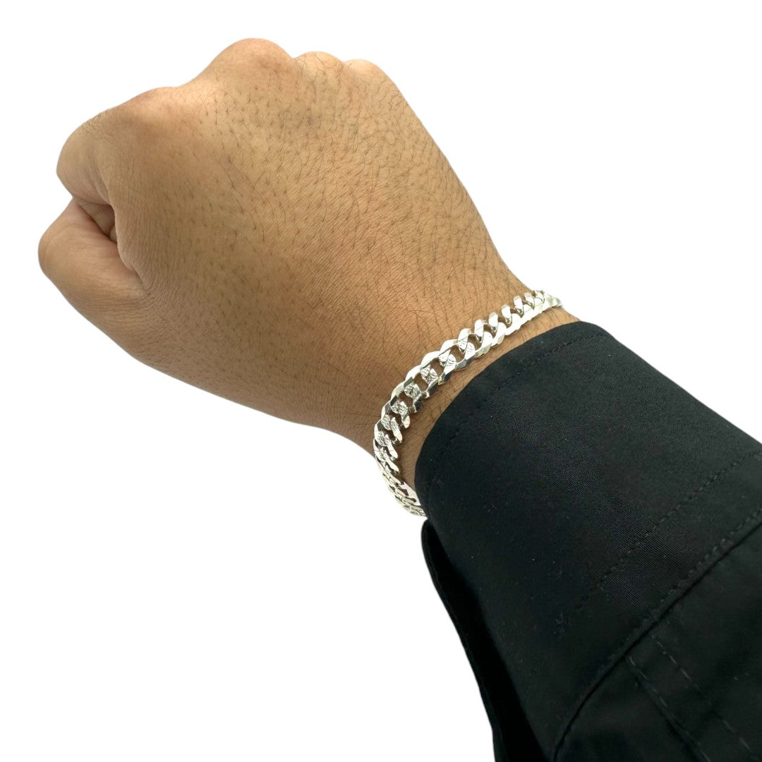 Unisex | Pulso Pulsera Tejido Barbada Cubana Diamantada 7 mm, Esclava Para Hombre Y Mujer De Plata Autentica Ley .925, DUO DELUXE JOYAS