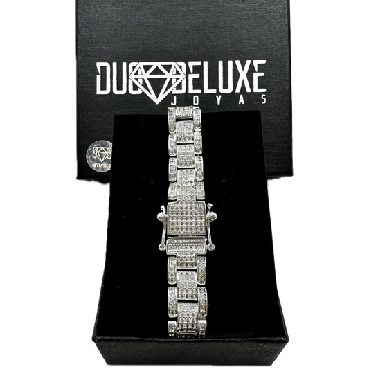 Unisex | Pulsera Tejido Rolex Diamantada Completa Con Zirconias - 12 mm – Plata Ley .925