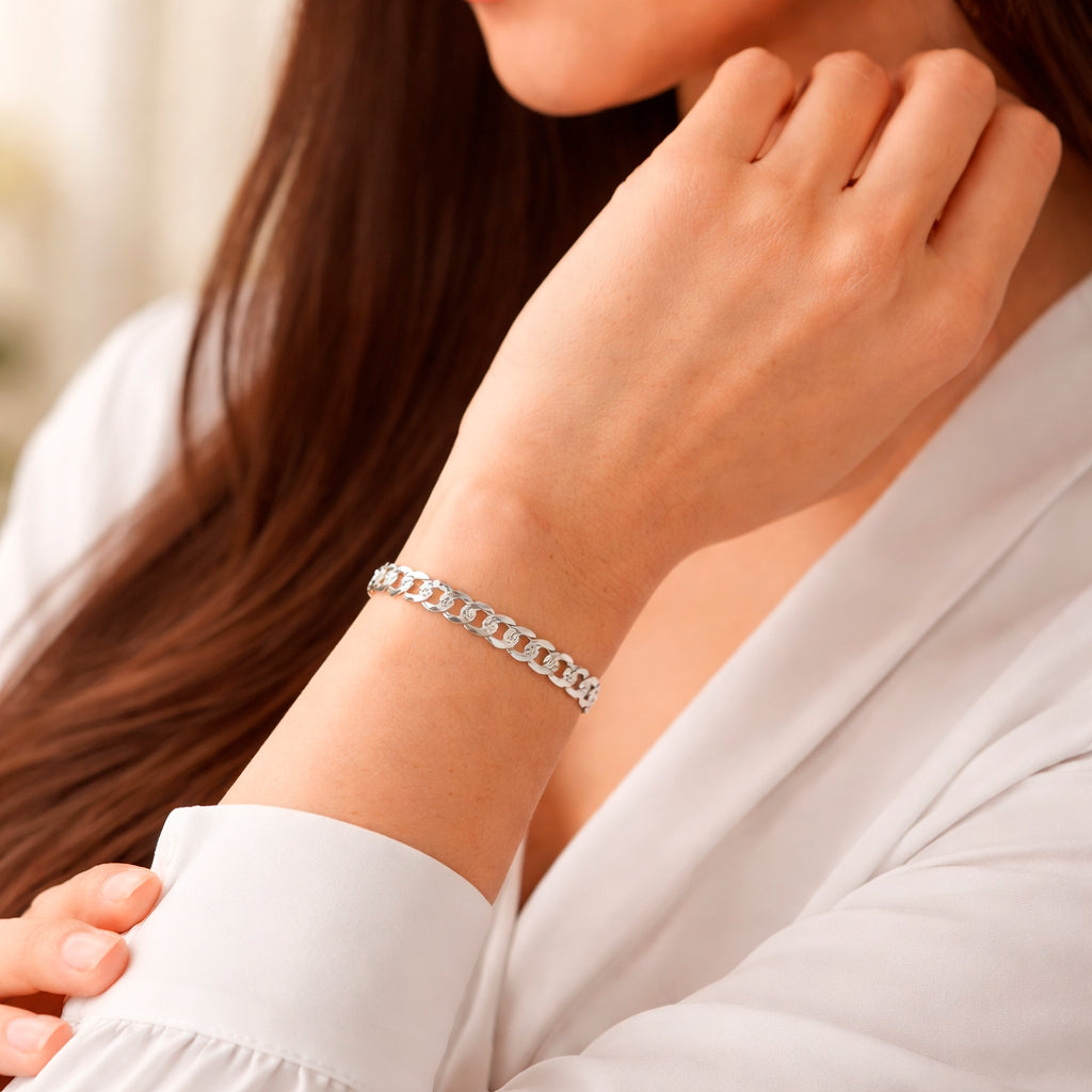 Unisex | Pulso Pulsera Tejido Barbada Cubana Diamantada 6 mm, Esclava Para Hombre Y Mujer De Plata Autentica Ley .925, DUO DELUXE JOYAS