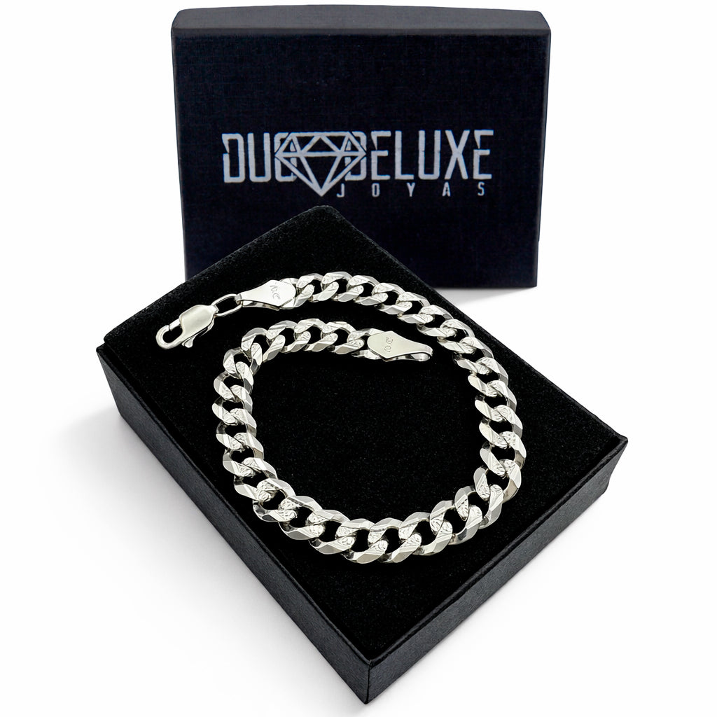 Unisex | Pulso Pulsera Tejido Barbada Cubana Diamantada 7 mm, Esclava Para Hombre Y Mujer De Plata Autentica Ley .925, DUO DELUXE JOYAS
