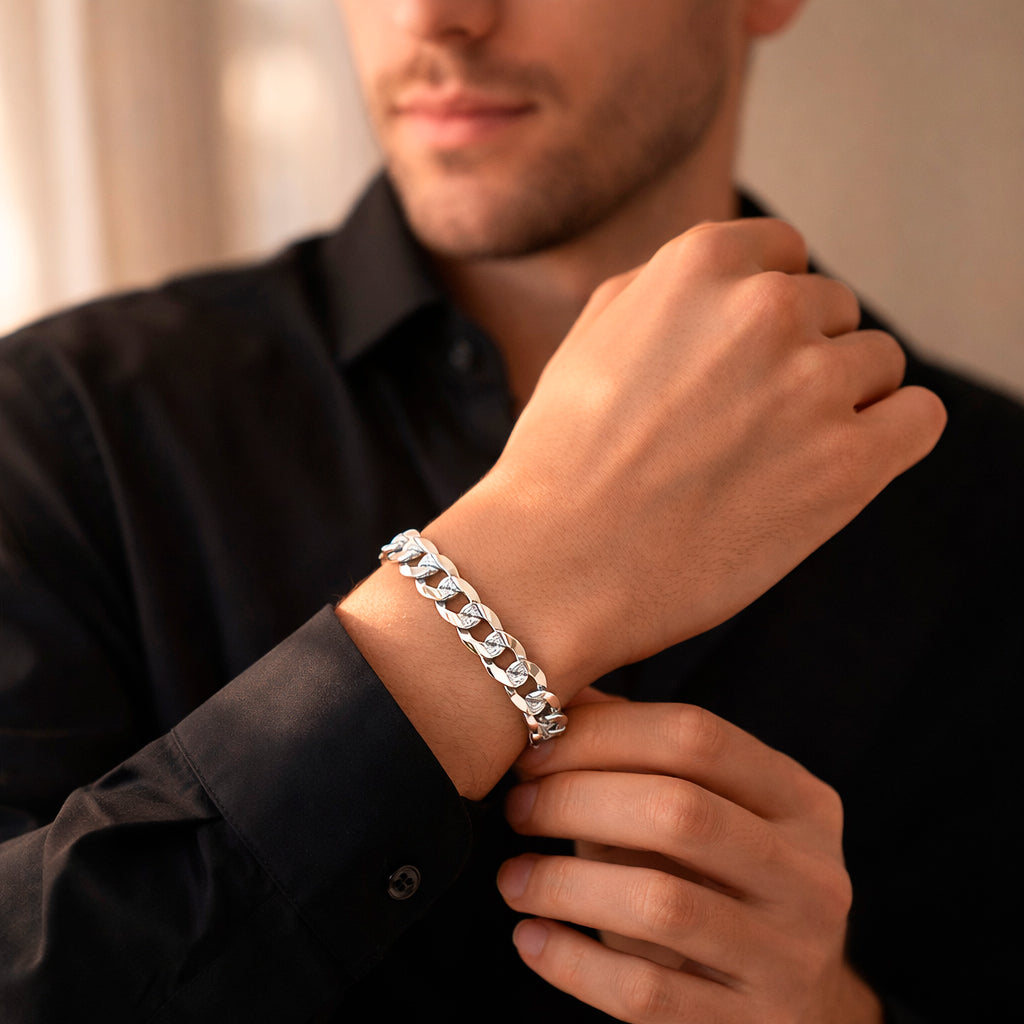 Unisex | Pulso Pulsera Tejido Barbada Cubana Diamantada 8 mm, Esclava Para Hombre Y Mujer De Plata Autentica Ley .925, DUO DELUXE JOYAS