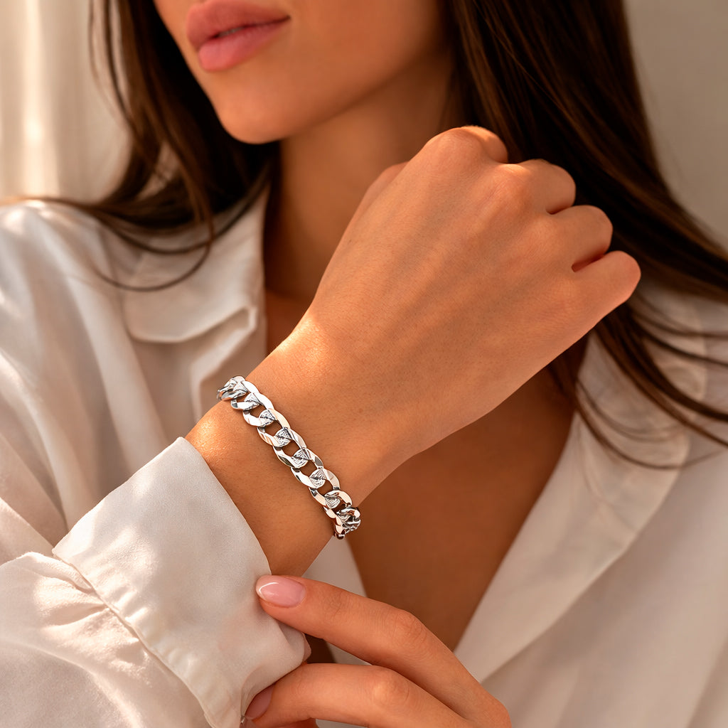 Unisex | Pulso Pulsera Tejido Barbada Cubana Diamantada 8 mm, Esclava Para Hombre Y Mujer De Plata Autentica Ley .925, DUO DELUXE JOYAS