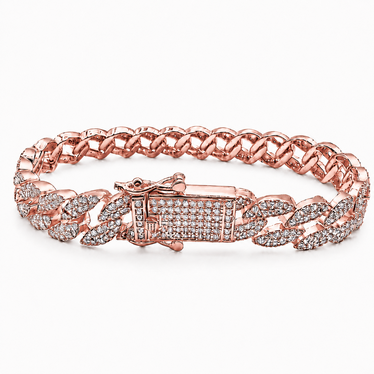 Unisex | Pulso Pulsera Tejido Barbada Cubana Diamantada Con Zirconias 10 mm, Esclava Para Hombre Y Mujer De Plata Autentica Ley .925 Con Baño De Oro Rosa, DUO DELUXE JOYAS
