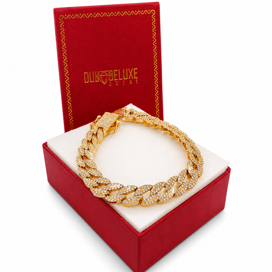 Unisex | Pulso Pulsera Tejido Barbada Cubana Diamantada Con Zirconias 10 mm, Esclava Para Hombre Y Mujer De Plata Autentica Ley .925 Con Baño De Oro Rosa, DUO DELUXE JOYAS