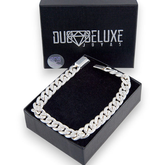 Unisex | Pulso Pulsera Tejido Barbada Cubana Diamantada HM 8 mm, Esclava Para Hombre Y Mujer De Plata Autentica Ley .925, DUO DELUXE JOYAS