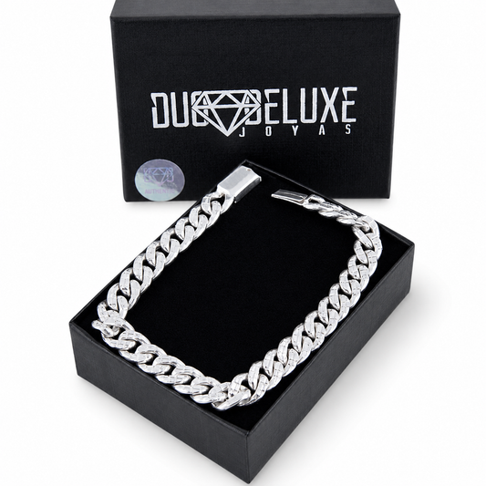 Unisex | Pulso Pulsera Tejido Barbada Cubana Diamantada HM 8 mm, Esclava Para Hombre Y Mujer De Plata Autentica Ley .925, DUO DELUXE JOYAS