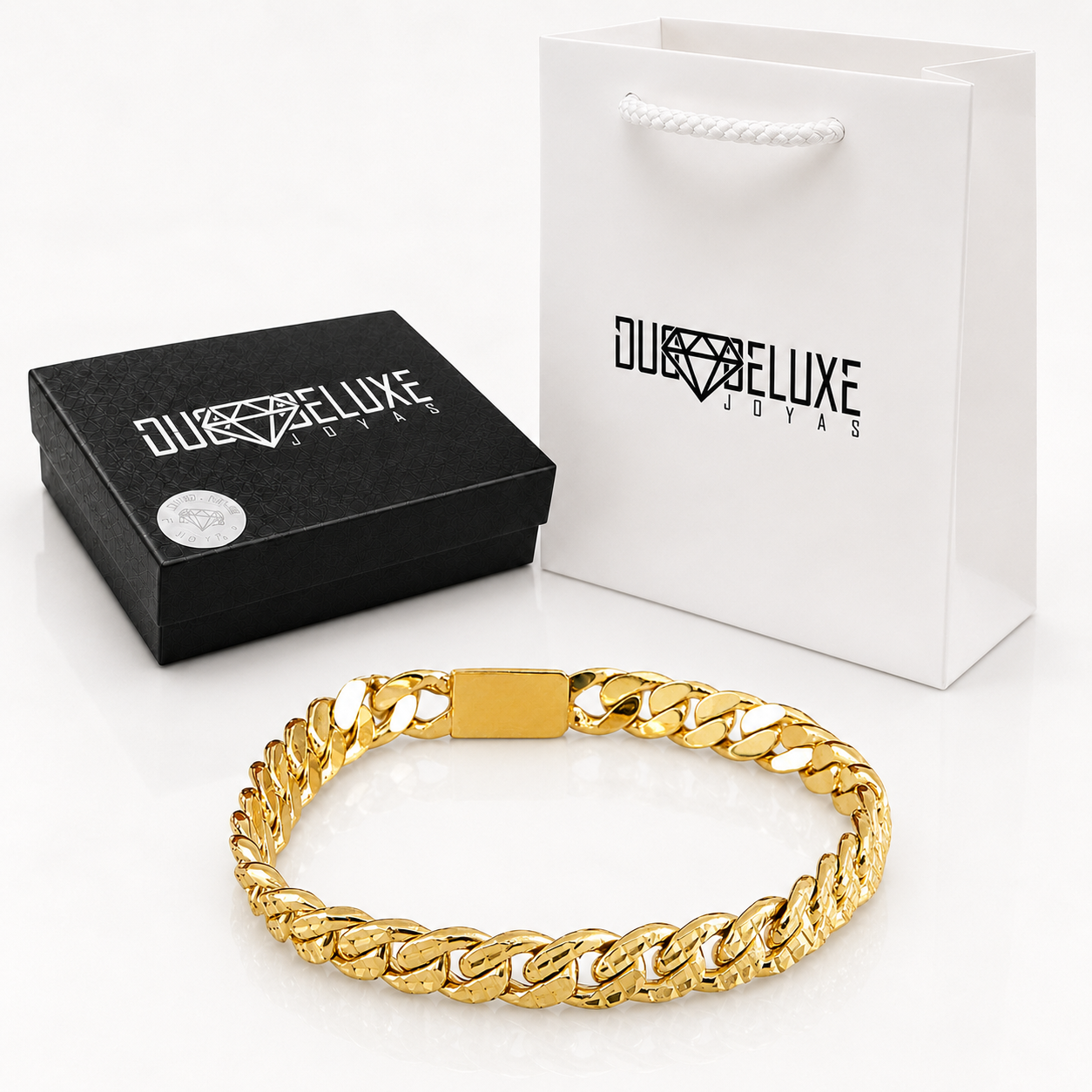 Unisex | Pulso Pulsera Tejido Barbada Cubana Diamantada HM 8 mm, Esclava Para Hombre Y Mujer De Plata Autentica Ley .925 Con Baño De Oro Italiano 24k, DUO DELUXE JOYAS