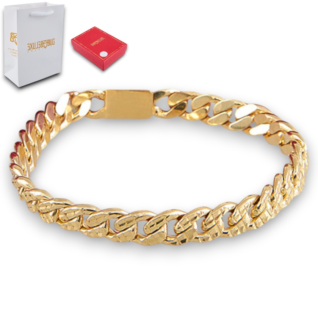 Unisex | Pulso Pulsera Tejido Barbada Cubana Diamantada HM 8 mm, Esclava Para Hombre Y Mujer De Plata Autentica Ley .925 Con Baño De Oro Italiano 24k, DUO DELUXE JOYAS