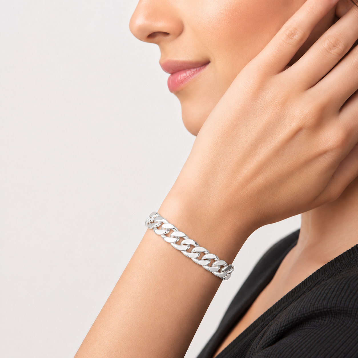 Unisex | Pulso Pulsera Tejido Barbada Cubana Lisa HM 8 mm, Esclava Para Hombre Y Mujer De Plata Autentica Ley .925, DUO DELUXE JOYAS