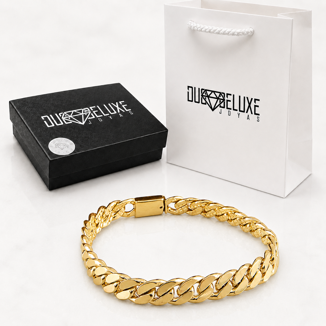 Unisex | Pulso Pulsera Tejido Barbada Cubana Lisa HM 8 mm, Esclava Para Hombre Y Mujer De Plata Autentica Ley .925 Con Baño De Oro Italiano 24k, DUO DELUXE JOYAS