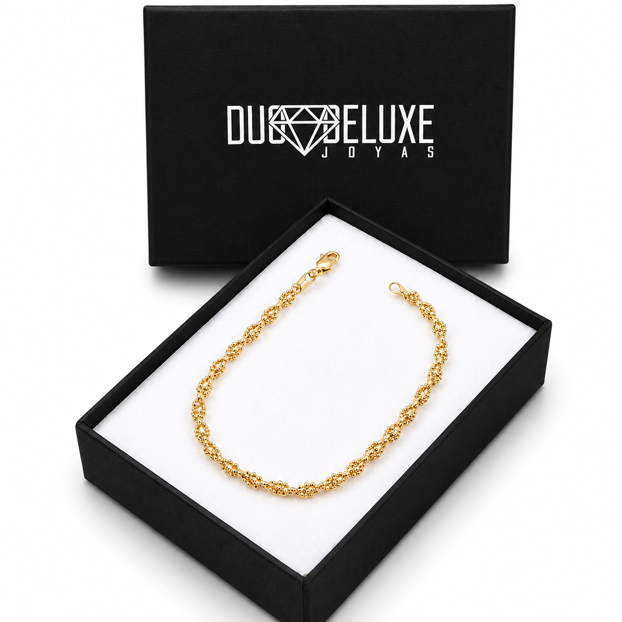 Mujer | Pulso Pulsera Tejido Bolitas Trenzadas 2 mm, Esclava Para Mujer De Plata Autentica Ley .925 Con Baño De Oro Italiano De 24k, DUO DELUXE JOYAS