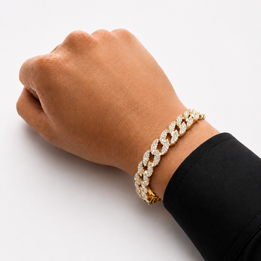 Unisex | Pulso Pulsera Tejido Barbada Cubana Diamantada Con Zirconias 10 mm, Esclava Para Hombre Y Mujer De Plata Autentica Ley .925 Con Baño De Oro Italiano 24k, DUO DELUXE JOYAS