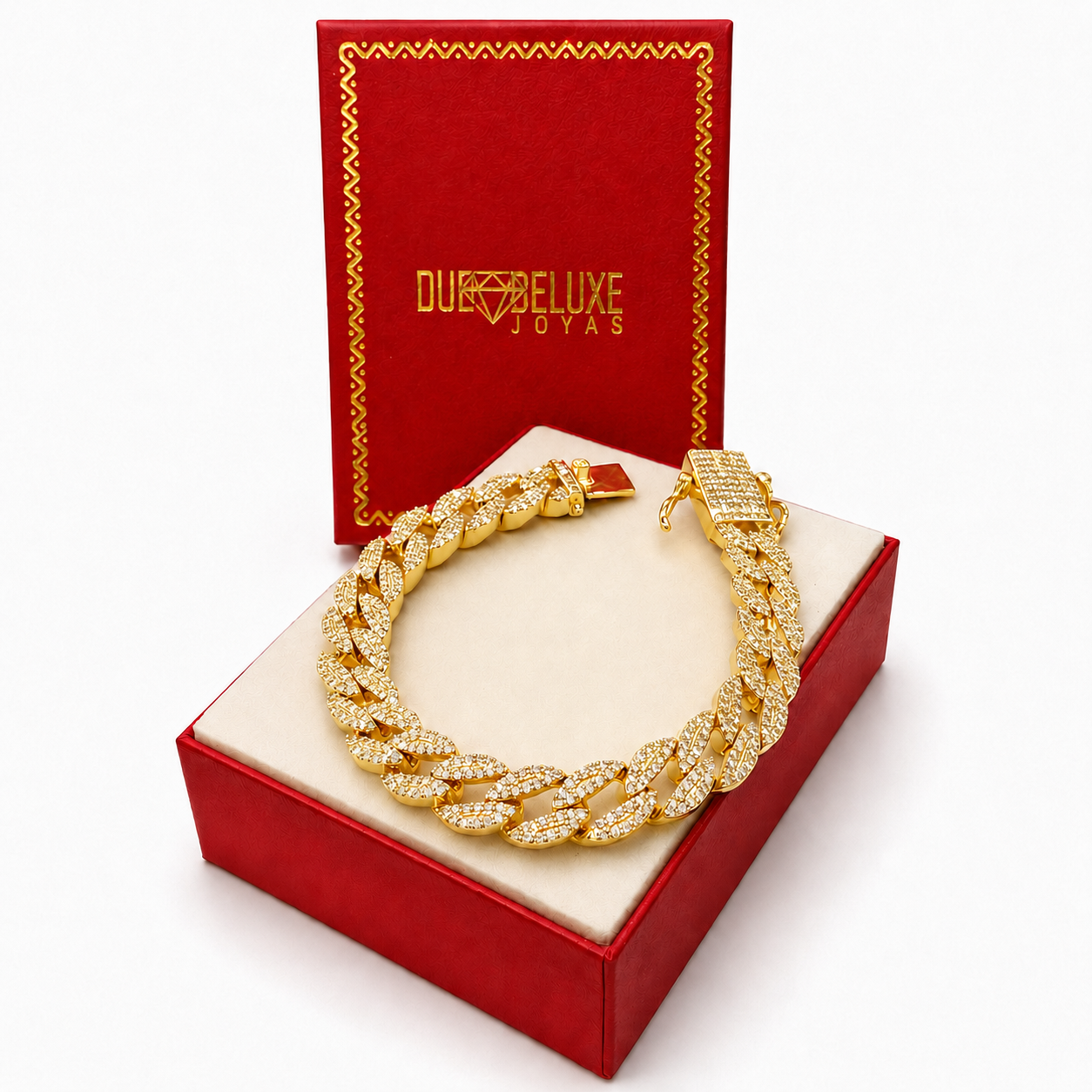 Unisex | Pulso Pulsera Tejido Barbada Cubana Diamantada Con Zirconias 10 mm, Esclava Para Hombre Y Mujer De Plata Autentica Ley .925 Con Baño De Oro Italiano 24k, DUO DELUXE JOYAS