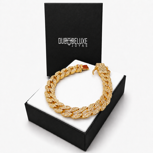 Unisex | Pulso Pulsera Tejido Barbada Cubana Diamantada Con Zirconias 10 mm, Esclava Para Hombre Y Mujer De Plata Autentica Ley .925 Con Baño De Oro Italiano 24k, DUO DELUXE JOYAS