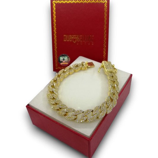 Unisex | Pulso Pulsera Tejido Barbada Cubana Diamantada Con Zirconias 10 mm, Esclava Para Hombre Y Mujer De Plata Autentica Ley .925 Con Baño De Oro Italiano 24k, DUO DELUXE JOYAS