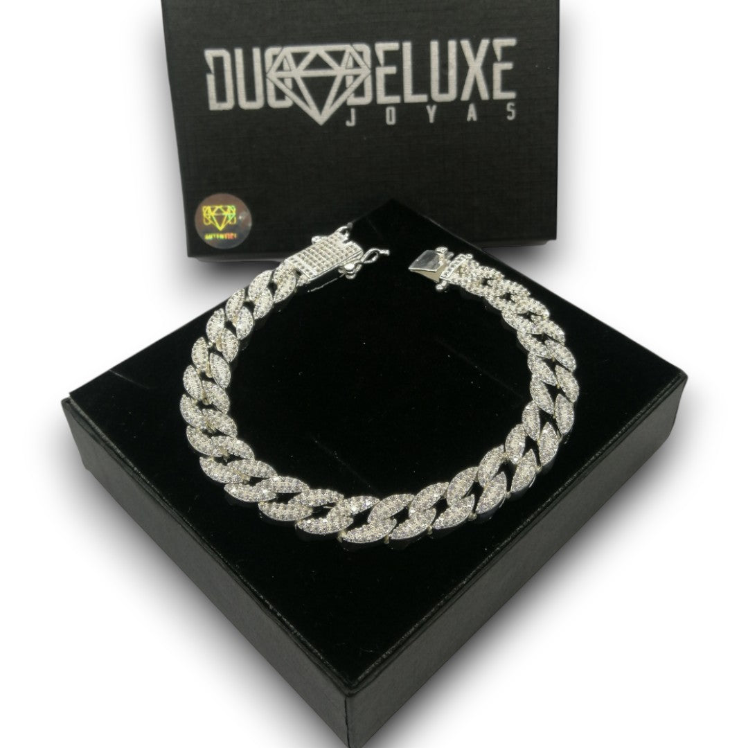 Unisex | Pulso Pulsera Tejido Barbada Cubana Diamantada Con Zirconias 10 mm, Esclava Para Hombre Y Mujer De Plata Autentica Ley .925, DUO DELUXE JOYAS