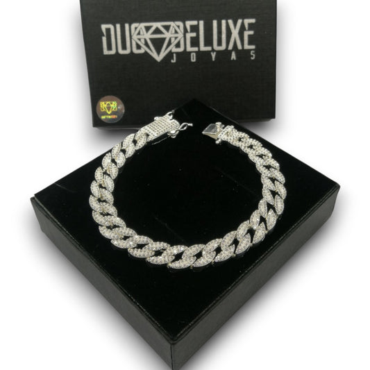 Unisex | Pulso Pulsera Tejido Barbada Cubana Diamantada Con Zirconias 10 mm, Esclava Para Hombre Y Mujer De Plata Autentica Ley .925, DUO DELUXE JOYAS