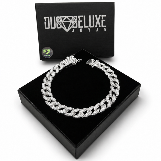 Unisex | Pulso Pulsera Tejido Barbada Cubana Diamantada Con Zirconias 10 mm, Esclava Para Hombre Y Mujer De Plata Autentica Ley .925, DUO DELUXE JOYAS