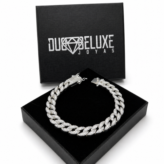 Unisex | Pulso Pulsera Tejido Barbada Cubana Diamantada Con Zirconias 10 mm, Esclava Para Hombre Y Mujer De Plata Autentica Ley .925, DUO DELUXE JOYAS