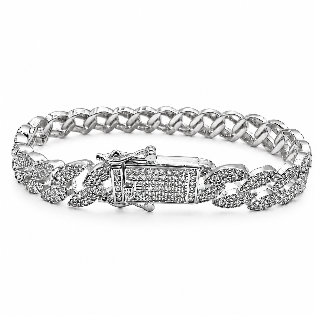 Unisex | Pulso Pulsera Tejido Barbada Cubana Diamantada Con Zirconias 10 mm, Esclava Para Hombre Y Mujer De Plata Autentica Ley .925, DUO DELUXE JOYAS