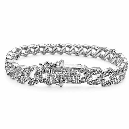 Unisex | Pulso Pulsera Tejido Barbada Cubana Diamantada Con Zirconias 10 mm, Esclava Para Hombre Y Mujer De Plata Autentica Ley .925, DUO DELUXE JOYAS