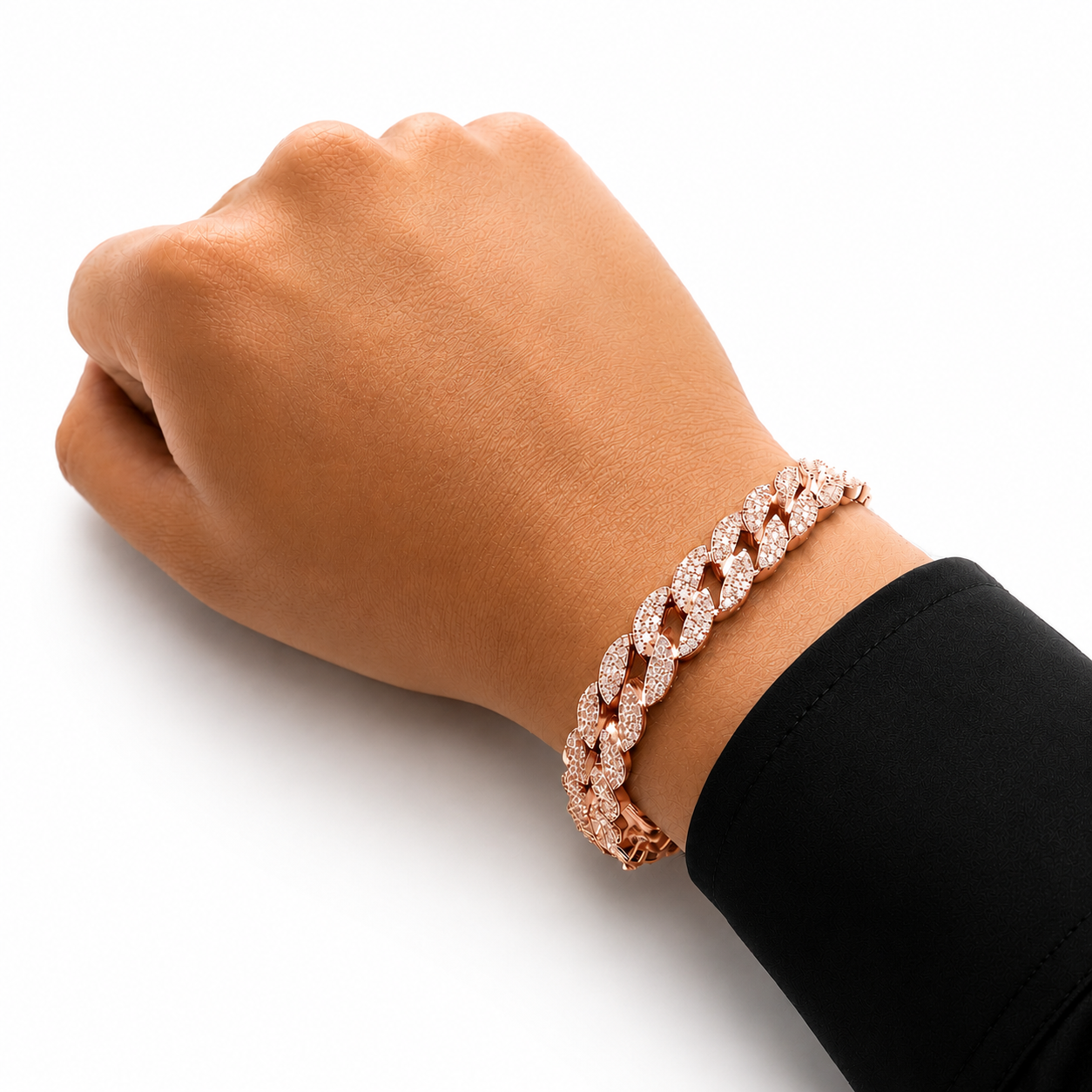 Unisex | Pulso Pulsera Tejido Barbada Cubana Diamantada Con Zirconias 10 mm, Esclava Para Hombre Y Mujer De Plata Autentica Ley .925 Con Baño De Oro Rosa, DUO DELUXE JOYAS