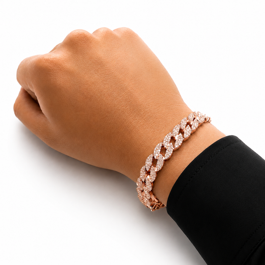 Unisex | Pulso Pulsera Tejido Barbada Cubana Diamantada Con Zirconias 10 mm, Esclava Para Hombre Y Mujer De Plata Autentica Ley .925 Con Baño De Oro Rosa, DUO DELUXE JOYAS