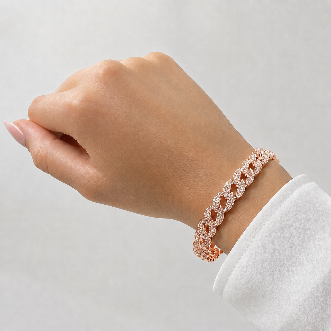 Unisex | Pulso Pulsera Tejido Barbada Cubana Diamantada Con Zirconias 10 mm, Esclava Para Hombre Y Mujer De Plata Autentica Ley .925 Con Baño De Oro Rosa, DUO DELUXE JOYAS