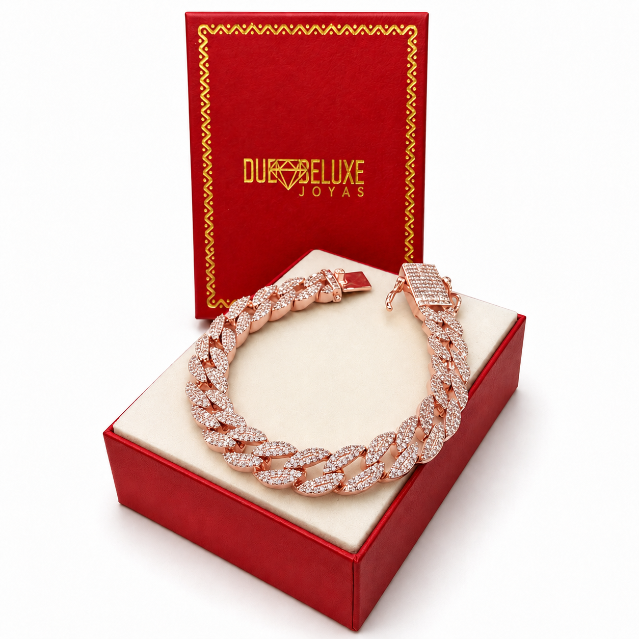 Unisex | Pulso Pulsera Tejido Barbada Cubana Diamantada Con Zirconias 10 mm, Esclava Para Hombre Y Mujer De Plata Autentica Ley .925 Con Baño De Oro Rosa, DUO DELUXE JOYAS