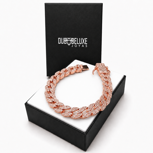 Unisex | Pulso Pulsera Tejido Barbada Cubana Diamantada Con Zirconias 10 mm, Esclava Para Hombre Y Mujer De Plata Autentica Ley .925 Con Baño De Oro Rosa, DUO DELUXE JOYAS