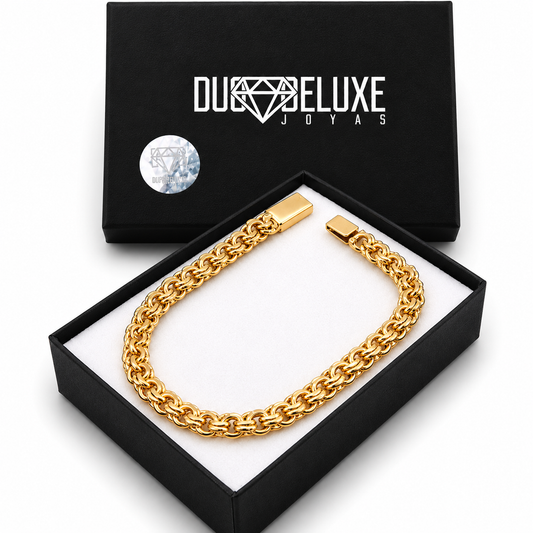 Unisex | Pulso Pulsera Tejido Chino 7 mm, Esclava Para Hombre Y Mujer De Plata Autentica Ley .925 Con Baño De Oro Italiano 24k, DUO DELUXE JOYAS