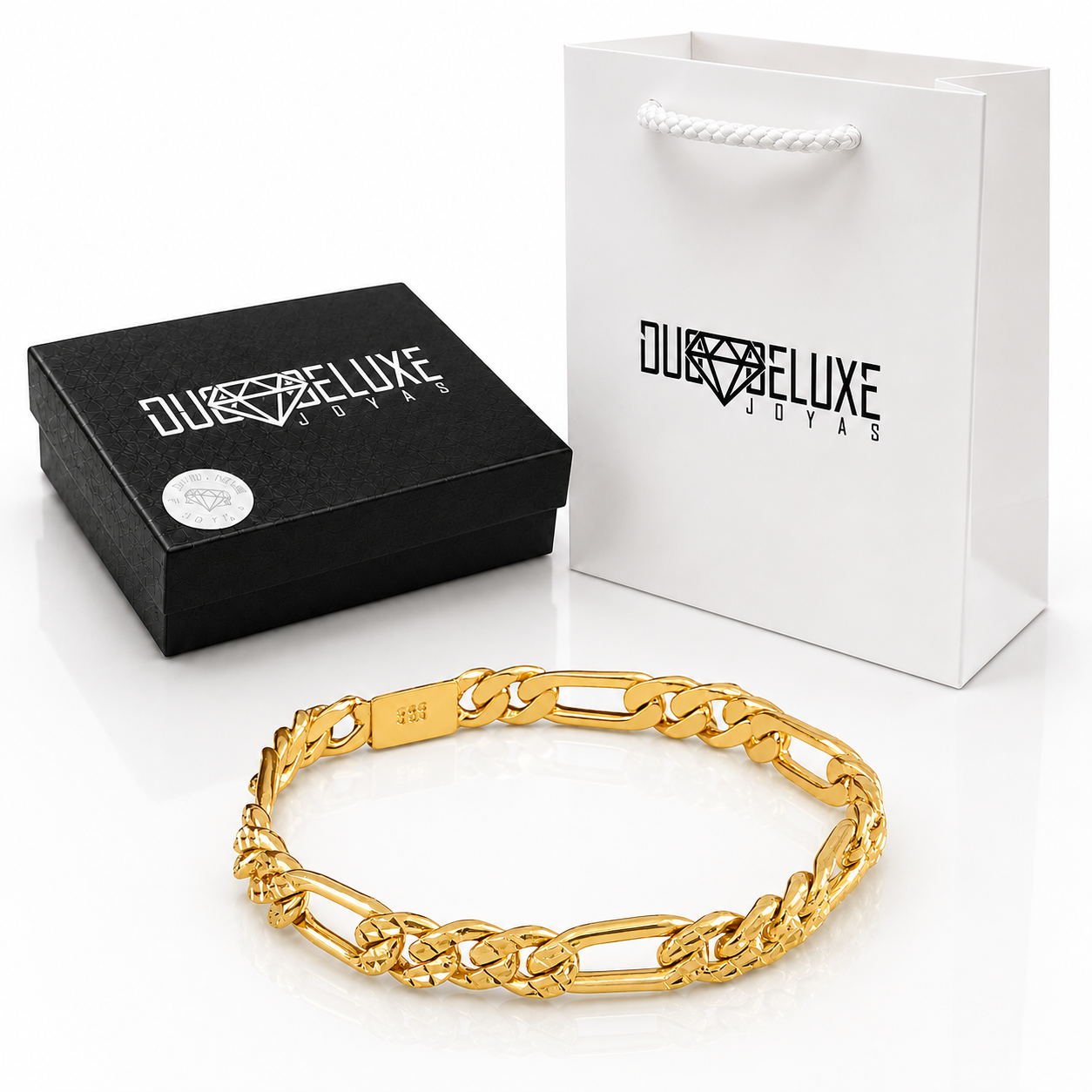 Unisex | Pulso Pulsera Tejido Figaro 3:1 Diamantada 8 mm, Esclava Para Hombre Y Mujer De Plata Autentica Ley .925 Con Baño De Oro Italiano 24k, DUO DELUXE JOYAS