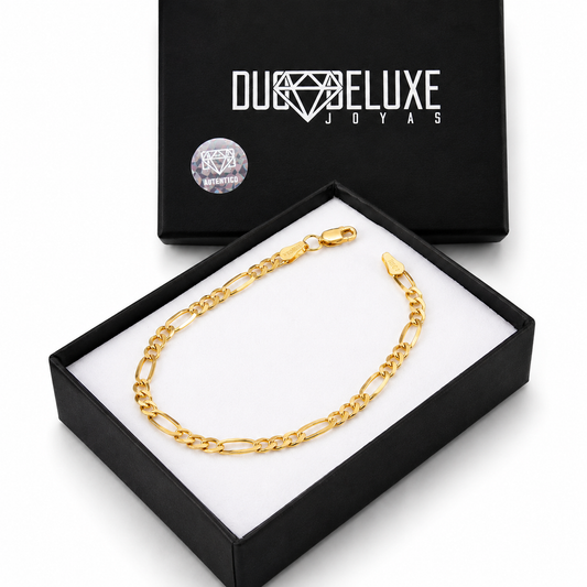 Unisex | Pulso Pulsera Tejido Figaro 3:1 Lisa 4 mm, Esclava Para Hombre Y Mujer De Plata Autentica Ley .925 Con Baño De Oro Italiano 24k, DUO DELUXE JOYAS