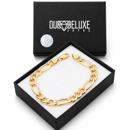 Unisex | Pulso Pulsera Tejido Figaro 3:1 Lisa 8 mm, Esclava Para Hombre Y Mujer De Plata Autentica Ley .925 Con Baño De Oro Italiano 24k, DUO DELUXE JOYAS