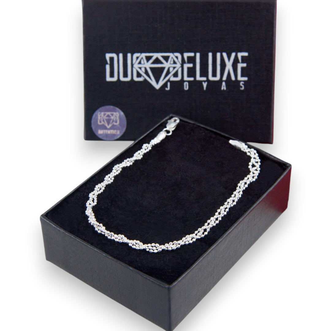 Mujer | Pulso Pulsera Tejido Bolitas Trenzadas 2 mm, Esclava Para Mujer De Plata Autentica Ley .925, DUO DELUXE JOYAS