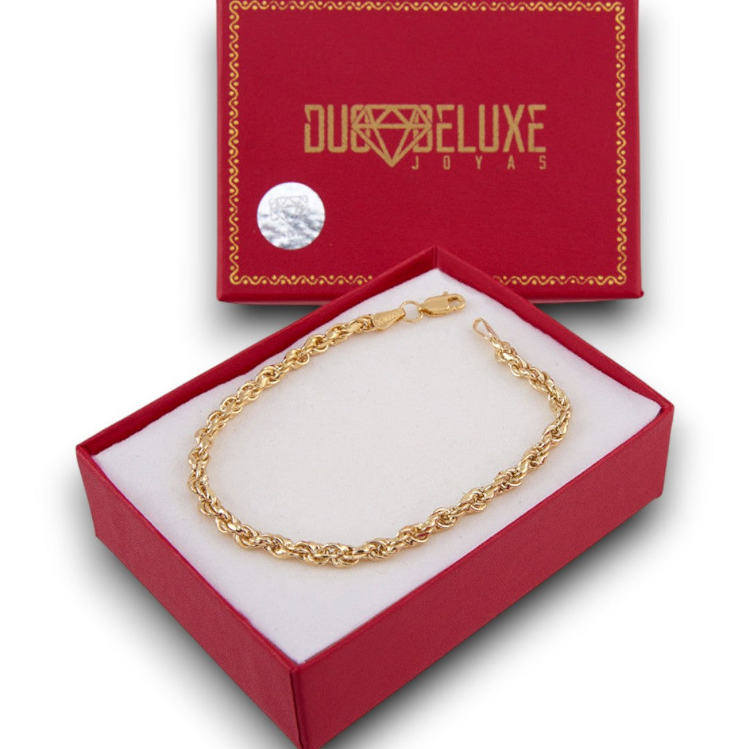 Unisex | Pulso Pulsera Tejido Torzal Relleno 4 mm, Esclava Para Hombre Y Mujer De Plata Autentica Ley .925 Con Baño De Oro Italiano 24k, DUO DELUXE JOYAS
