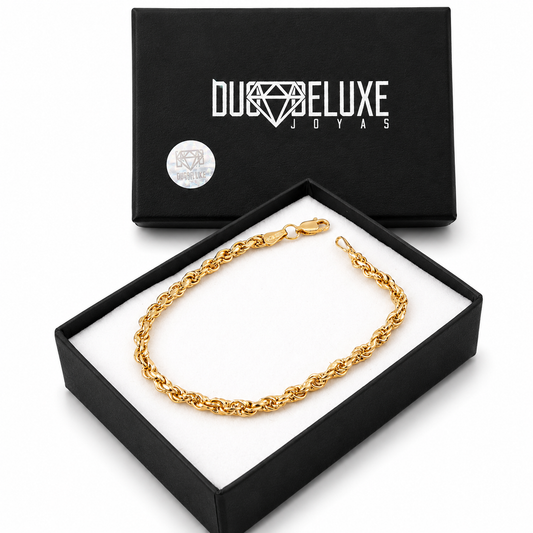 Unisex | Pulso Pulsera Tejido Torzal Relleno 4 mm, Esclava Para Hombre Y Mujer De Plata Autentica Ley .925 Con Baño De Oro Italiano 24k, DUO DELUXE JOYAS