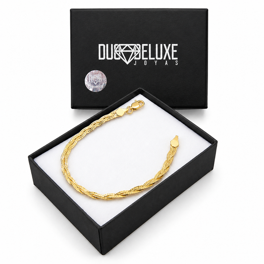 Unisex | Pulso Pulsera Tejido Trenzado Triple 5 mm, Esclava Para Hombre Y Mujer De Plata Autentica Ley .925 Con Baño De Oro Italiano 24k, DUO DELUXE JOYAS