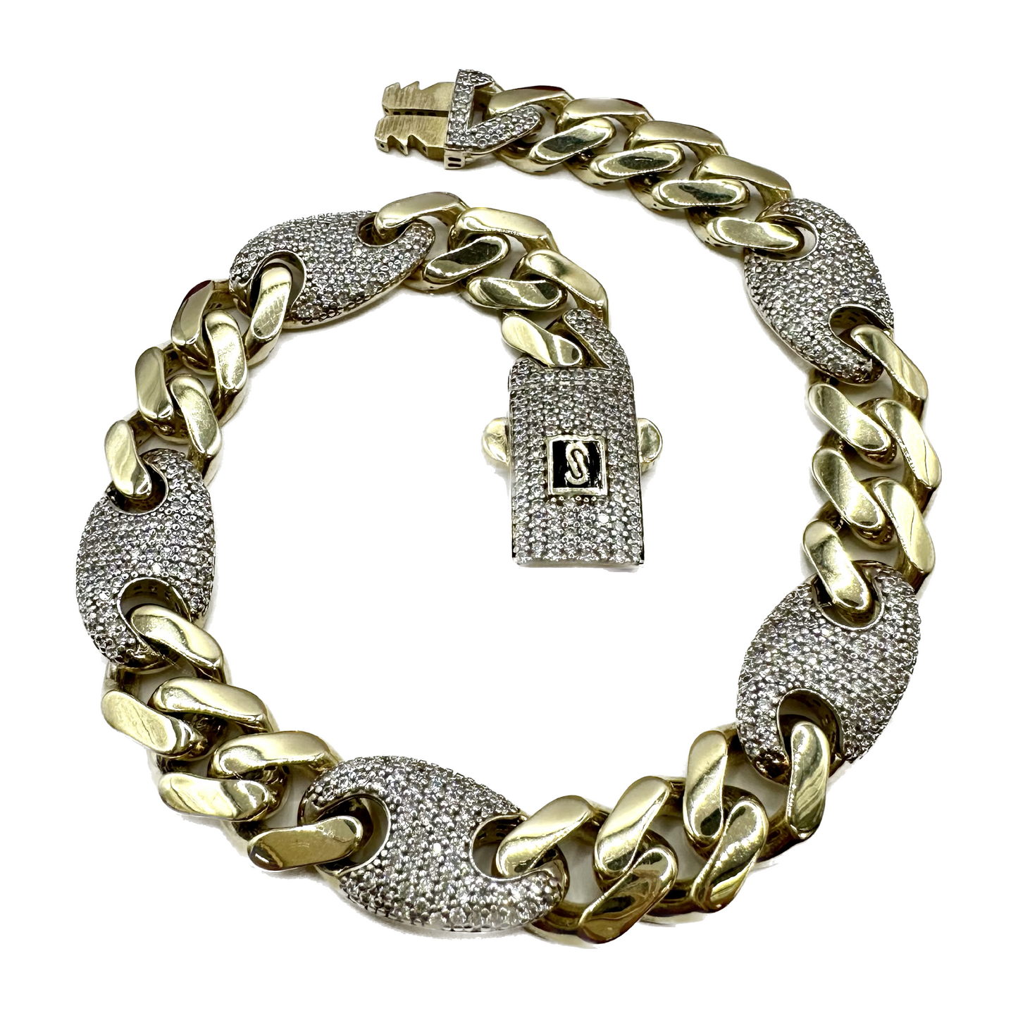 Unisex I Pulsera Tejido Guchi Figaro Diamantado - 10 mm – Unisex – Oro Autentico 10k