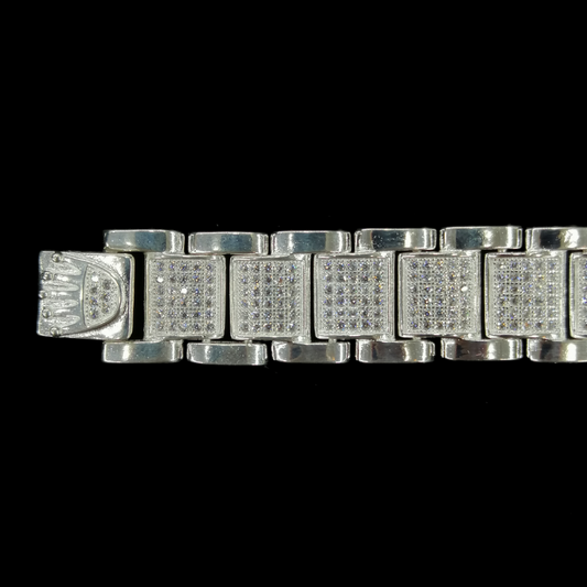 Unisex | Pulsera Tejido Rolex Diamantada Con Zirconias - 1.3 cm – Unisex – Plata Ley .925