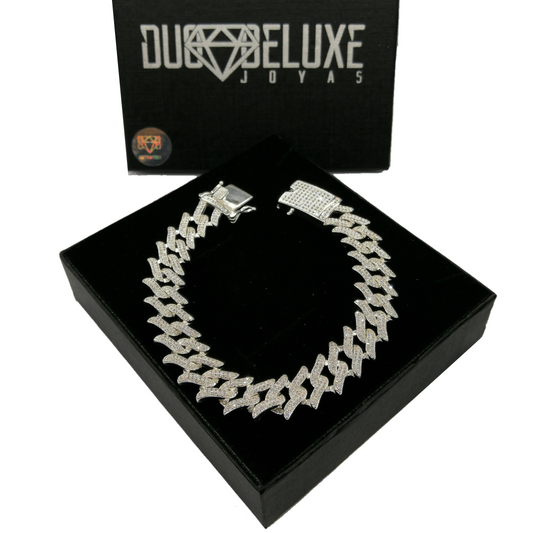 Unisex | Pulsera Tejido Barbada Cubana Diamantada Con Zirconias 4 - 1.1 cm – Plata Ley .925