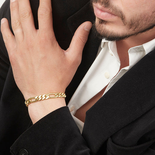 Unisex | Pulso Pulsera Tejido Figaro 3:1 Lisa HM 8 mm, Esclava Para Hombre Y Mujer De Plata Autentica Ley .925 Con Baño De Oro Italiano 24k, DUO DELUXE JOYAS