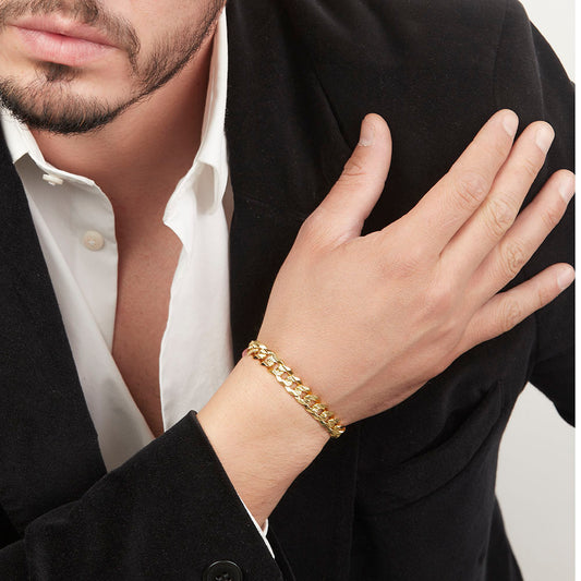 Unisex | Pulso Pulsera Tejido Barbada Cubana Diamantada 8 mm, Esclava Para Hombre Y Mujer De Plata Autentica Ley .925 Con Baño De Oro Italiano 24k, DUO DELUXE JOYAS